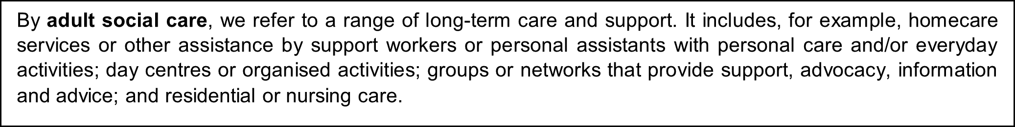 Image showing definition of adult social care: "By adult social care we refer to a range of long term care and support. It includes for examples homecare services or other assistance by support workers or personal assistants with personal care and/or everyday activities day centres or organised activities groups or networks that provide support, advocacy information and advice and residential or nursing care